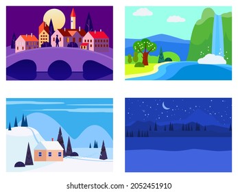 Set of seasons landscapes winter, spring, summer, autumn. Rural, mountaines, field, city, sea, snow, hot, rain, night. Vector minimalistic flat illustration
