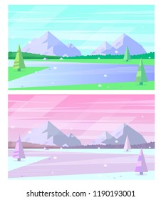 Set of seasons, made in flat style. Vector illustration of mountains, meadow and trees.