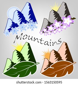 Set of seasons with mountains.Mountains and four seasons in a collection on a white background.