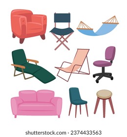 Set of Seat Chairs Isolated Element Objects with Dinning, Stool, Sofa, Armchair, Lounger, Folding and Desk. Flat Style Icon Vector Illustration