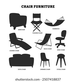 Set of Seat Chairs Silhouette Isolated Element Objects with Dinning, Stool, Sofa, Armchair, Lounger, Folding and Desk. Flat Style Icon Vector Illustration