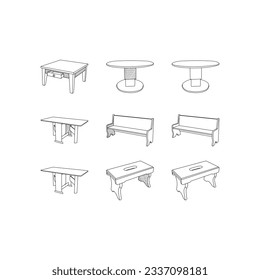 Set of Seat and Dining Table icon collection line simple furniture design, element graphic illustration template
