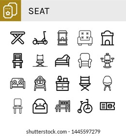 Set of seat icons such as Ticket, Stool, Scooter, Ticket office, Armchair, Chair, Director chair, Divan, Sofa, Feeding chair, Bedside table, Directors Bench, Tricycle , seat