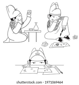 Set of seated King Sejong the Great inventing hangul. Isolated black and white vector image in cartoon style.