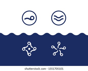 set of sea-themed logos in the form of waves, swimmer, sea figures, liquid and round shapes