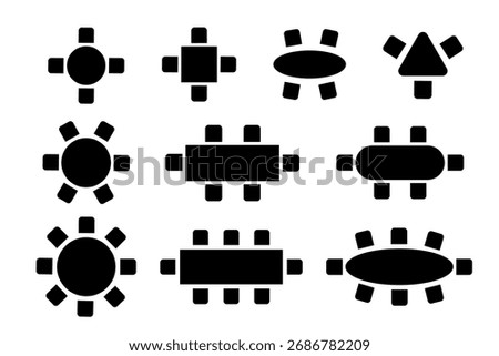 Set of seats silhouettes in restaurant, cafe or dining room. Schematic tables and chairs signs for floorplan. Graphic furniture symbols. Top view of architectural seating plan. Vector illustration.