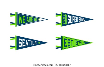 Set of Seattle football team pennants. Vintage hand drawn wanderlust style. Isolated on white background. Good for t shirt, mug, other identity. Vector illustration.