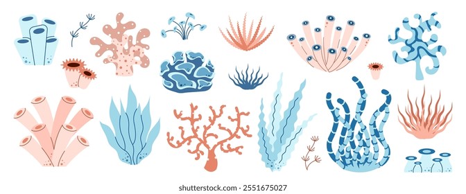 Set of seaweed, coral, reef, algae, sea plants. Ocean underwater theme. Flat vector illustration