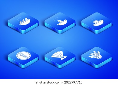Set Seaweed, Fish soup, Scallop sea shell, Octopus on plate, Shark fin and Puffer fish icon. Vector