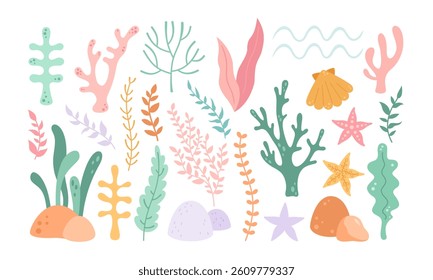 Set with seaweed, ocean plants, starfish, shell. Nautical isolated hand drawn objects. Vector illustration in flat style	

