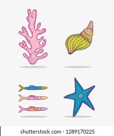set seaweed plants with fishes and shells with starfish