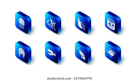 Set Seaweed, Scallop sea shell, Canned fish, Tropical, Fish, Lobster or crab claw, steak and Jellyfish icon. Vector
