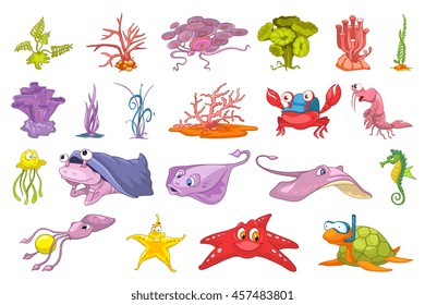 Set of seaweed and sea animals illustrations. Set of sea flora with colorful corals and algae. Collection of sea fauna with shellfish, turtle, ramp. Vector illustration isolated on white background.