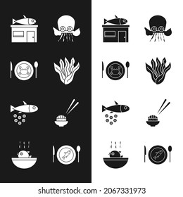 Set Seaweed, Served crab on plate, Seafood store, Octopus, Fish with caviar, Sushi, fish and Puffer soup icon. Vector