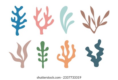 Conjunto de formas Algas marinas. Colección de elementos estéticos aislados en fondo blanco. Ilustración vectorial de algas marinas, plantas acuarias, plantación subacuática. Siluetas de plantas marinas ilustración plana