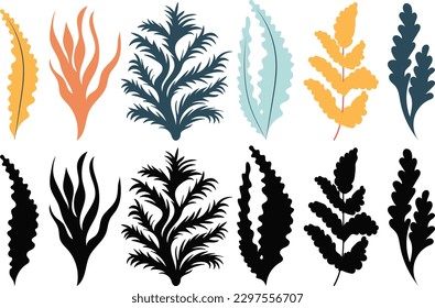 set of seaweed silhouette isolated vector