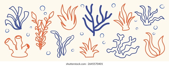 Conjunto de algas marinhas e recifes de corais planeja a coleta de vetores. Aquário, oceanos e algas marinhas plantas aquáticas, corais isolados em branco. Silhuetas de pólipos de algas. Ramos, galhos e flores.