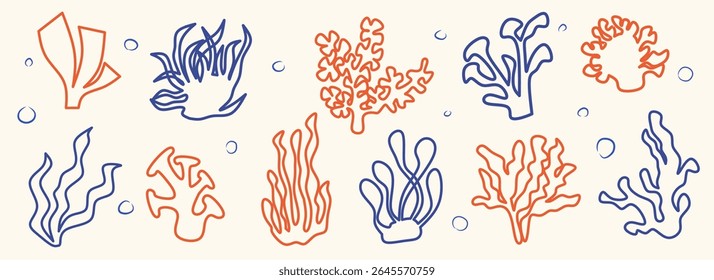 Conjunto de algas marinhas e recifes de corais planeja a coleta de vetores. Aquário, oceanos e algas marinhas plantas aquáticas, corais isolados em branco. Silhuetas de pólipos de algas. Ramos, galhos e flores.