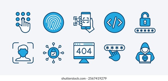 Set of secret code access icon. Contains fingerprint, scan barcode or QR scanner, pattern, coding, cyber security pin technology, password, face lock or ID, padlock, error, hacker. Vector illustration