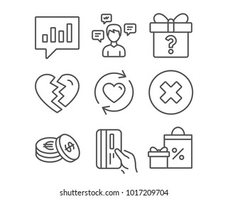 Set of Secret gift, Break up and Savings icons. Payment card, Conversation messages and Update relationships signs. Close button, Analytical chat and Shopping symbols. Unknown package. Divorce