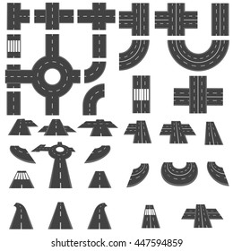 Set of sections of roads and various roundabout intersection. Top view and perspective. Vector illustration