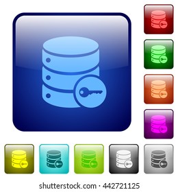 Set of secure database color glass rounded square buttons