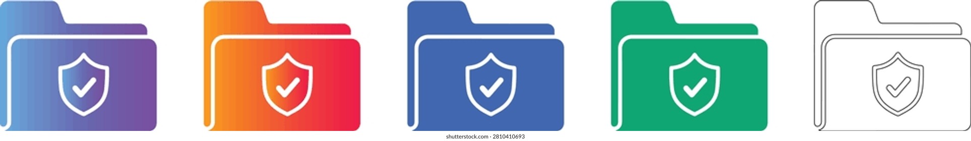 A set of secure folder icons featuring a shield and checkmark, perfect for representing verified, safe, and encrypted digital file storage.