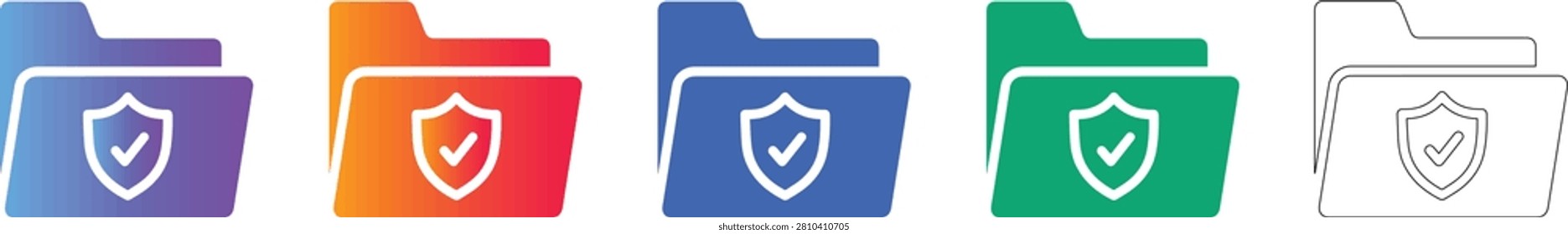 Set of secure folder icons with shield emblems, representing data privacy, cybersecurity, and encrypted document management.