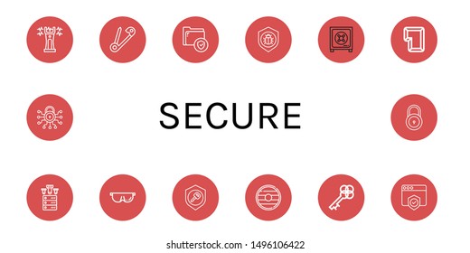 Set of secure icons such as Stun gun, Safety pin, Secure, Antivirus, Safe box, Key, Ddos, Protective, Shield, Lock , secure
