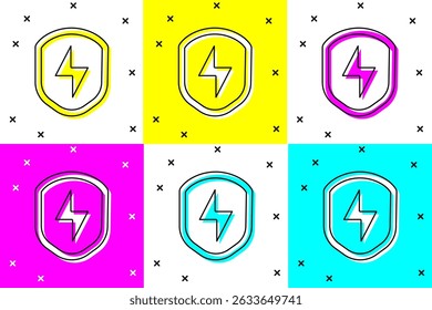 Set Secure shield with lightning icon isolated on color background. Security, safety, protection, privacy concept.  Vector