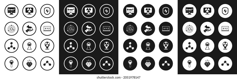 Establezca Protector seguro con un rayo, tubo de ensayo y matraz, sistema solar, solución de ecuación, coordenadas XYZ, ubicación radiactiva e icono de molécula. Vector