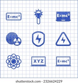 Establezca Protector seguro con un rayo, sistema de coordenadas XYZ, solución de ecuación, alto voltaje, átomo, tierra y radiación planetarias, e icono. Vector