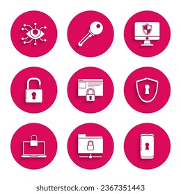 Set Secure your site with HTTPS, SSL, FTP folder and lock, Smartphone, Shield keyhole, Laptop, Open padlock, Computer monitor shield and Eye scan icon. Vector