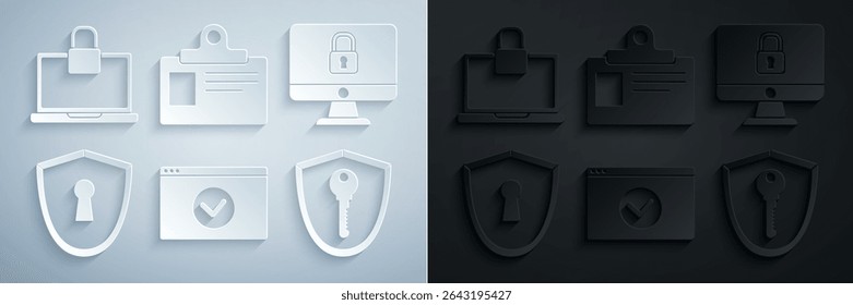 Set Secure your site with HTTPS, SSL, Lock on computer monitor screen, Shield keyhole, Identification badge and Laptop and lock icon. Vector