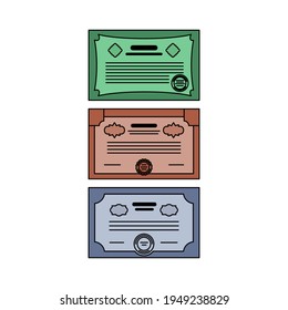 Set of Securities icons: stocks, bonds, certificates. Color vector illustration of a flat style with an outline. White isolated background.