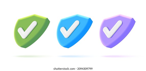 Set Of Security 3d Volume Isometric Icons Of Shield Shape With Tick Sign