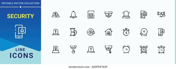 Set of Security Alarm line icon. Alarm line icon set. Lock minimal thin line web icons set. Icons for website. Pixel perfect. Vector collections.