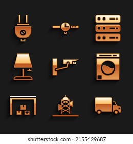 Set Security camera, Antenna, Delivery cargo truck, Washer, Warehouse, Table lamp, Server, Data, Web Hosting and Electric plug icon. Vector