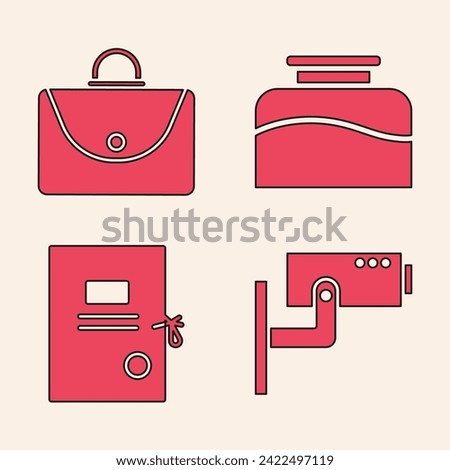 Set Security camera, Briefcase, Inkwell and Lawsuit paper icon. Vector