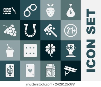 Set Security camera, Casino poker trophy cup, 21 plus, slot machine with strawberry, Horseshoe, grape, chips and Stick for icon. Vector