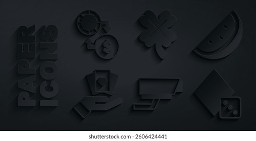 Set Security camera, Casino slot machine with watermelon, Hand holding playing cards, Game dice, clover and chips exchange money icon. Vector