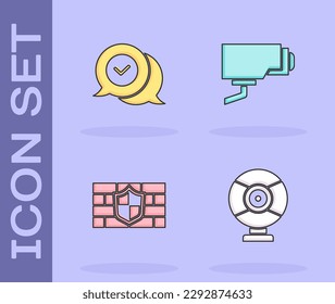 Set Security camera, Check mark in speech bubble, Shield with brick wall and  icon. Vector