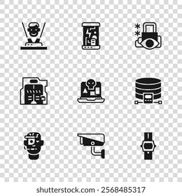 Set Security camera, Cloud database, Wrist watch, Internet piracy, Cyber security, Hologram, Cryogenic capsules and Futuristic sliding doors icon. Vector