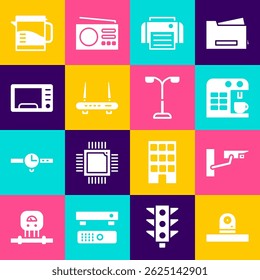 Definir câmera de segurança, Máquina de café, Impressora, Roteador e sinal wi-fi, Micro-ondas, Chaleira elétrica e ícone de luz de rua. Vetor