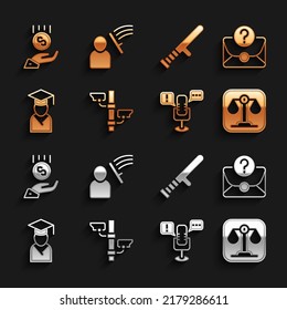 Set Security camera, Envelope with question mark, Scales of justice, Freedom speech, Graduate and graduation cap, Police rubber baton, Coins hand - minimal wage and beat human icon. Vector