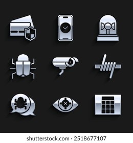 Definir câmera de segurança, Eye scan, Proteção por senha, Arame farpado, bug do sistema, Flasher siren e cartão de crédito com ícone de escudo. Vetor
