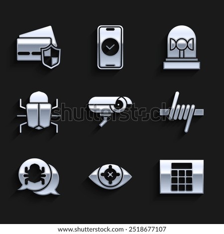 Set Security camera, Eye scan, Password protection, Barbed wire, System bug, Flasher siren and Credit card with shield icon. Vector