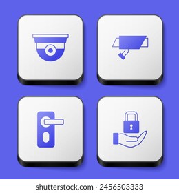 Set Security camera, Fingerprint door lock and Lock icon. White square button. Vector