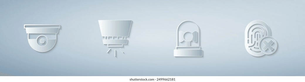 Set Security camera, Fire sprinkler system, Ringing alarm bell and Cancelled fingerprint. Paper art style. Vector