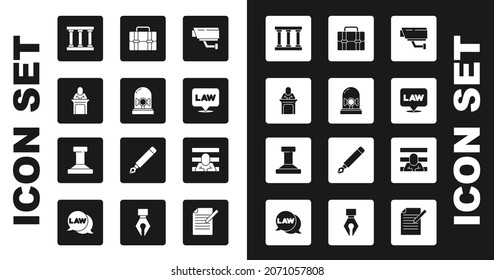 Set Security camera, Flasher siren, Judge, Prison window, Location law, Briefcase, Prisoner and Stamp icon. Vector